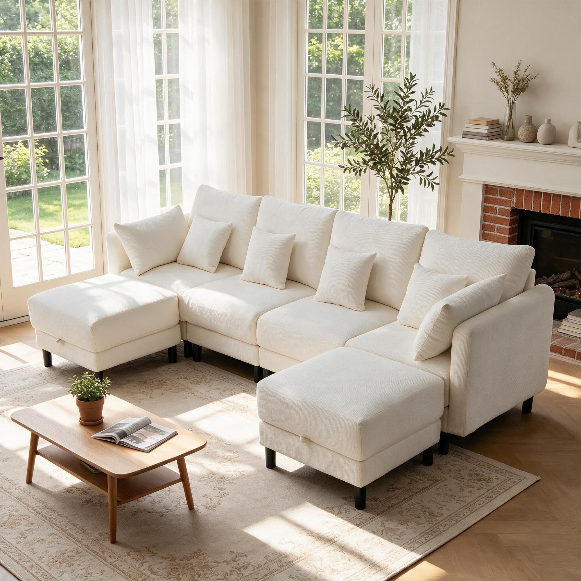 SE-7029- Beige-112-6-z (1) 112" - 6 Seats Cloud Couches, Sectional Sofa with Storage Ottoman for Living Room - Image 1