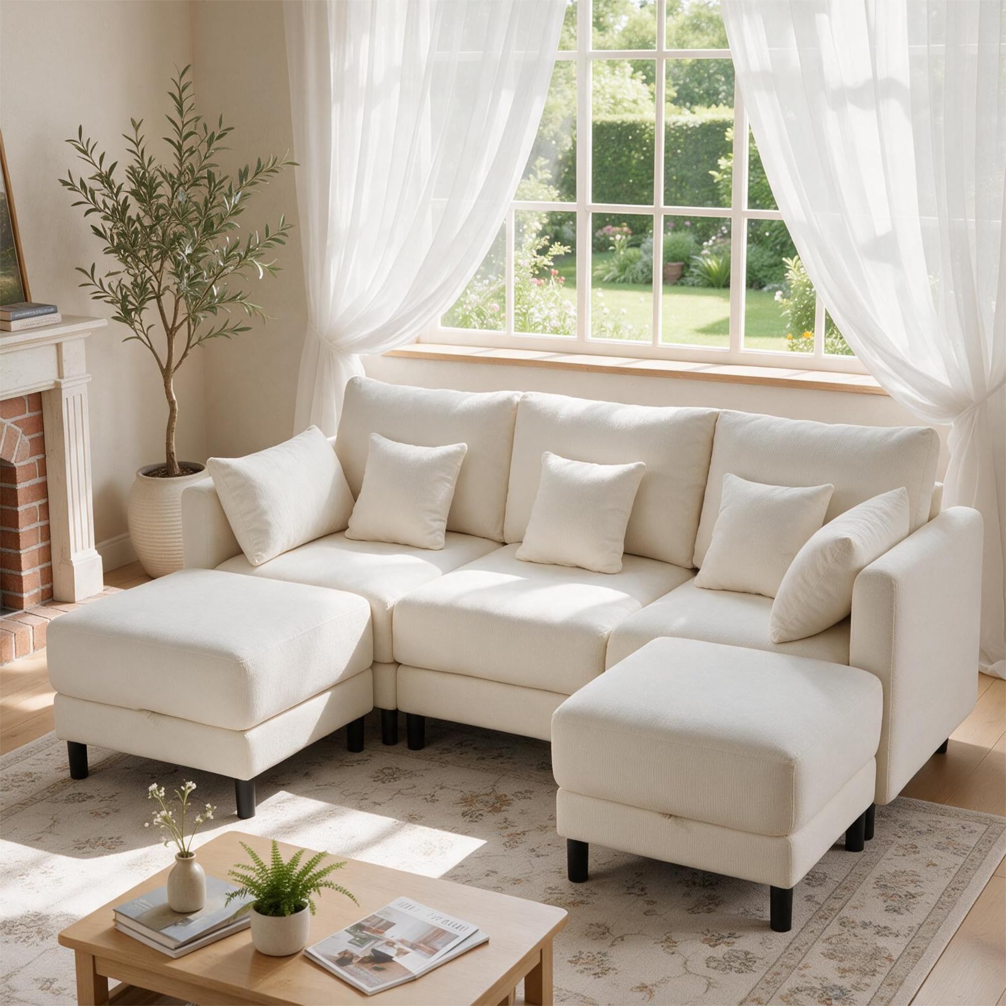 SE-7029- Beige-86-5-z (1) 86" - 5 Seats Cloud Couches, Sectional Sofa with Storage Ottoman for Living Room - Image 1