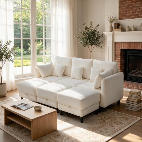 86" - 6 Seats Cloud Couches, Sectional Sofa with Storage Ottoman for Living Room