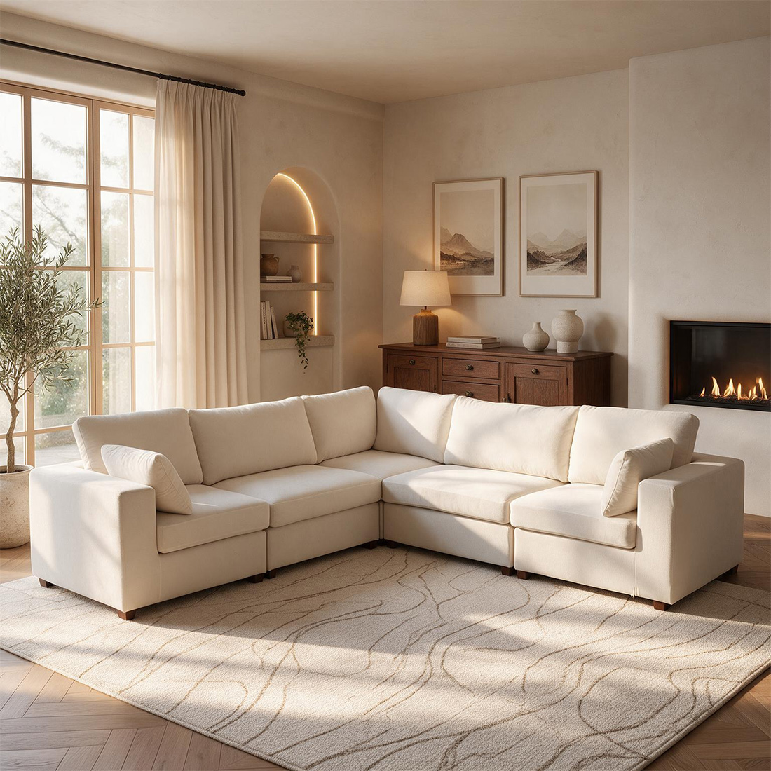 SEV-7011-Beige-1-5-z-new Oversized Modular Sectional Sofa, 113" V 5 Seat Shaped Cloud Couch - Image 1