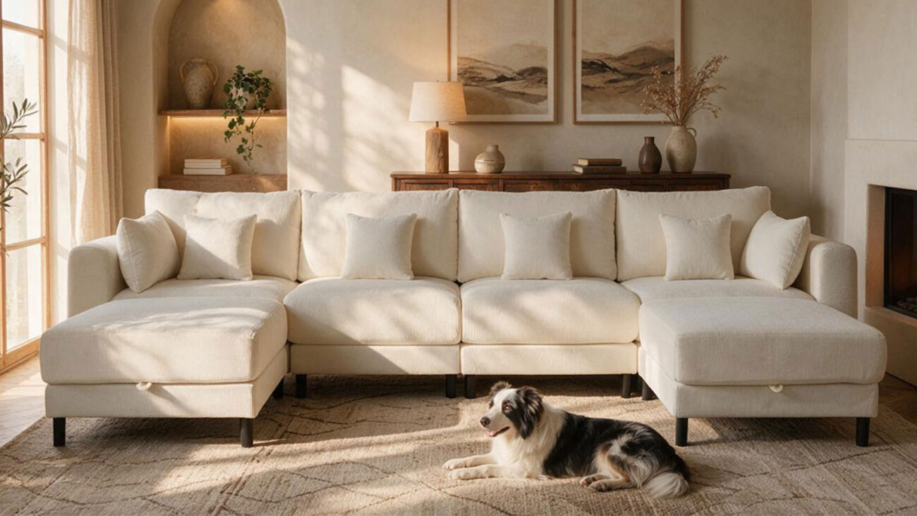 L-shaped sectional sofa in a living room with a dog resting nearby