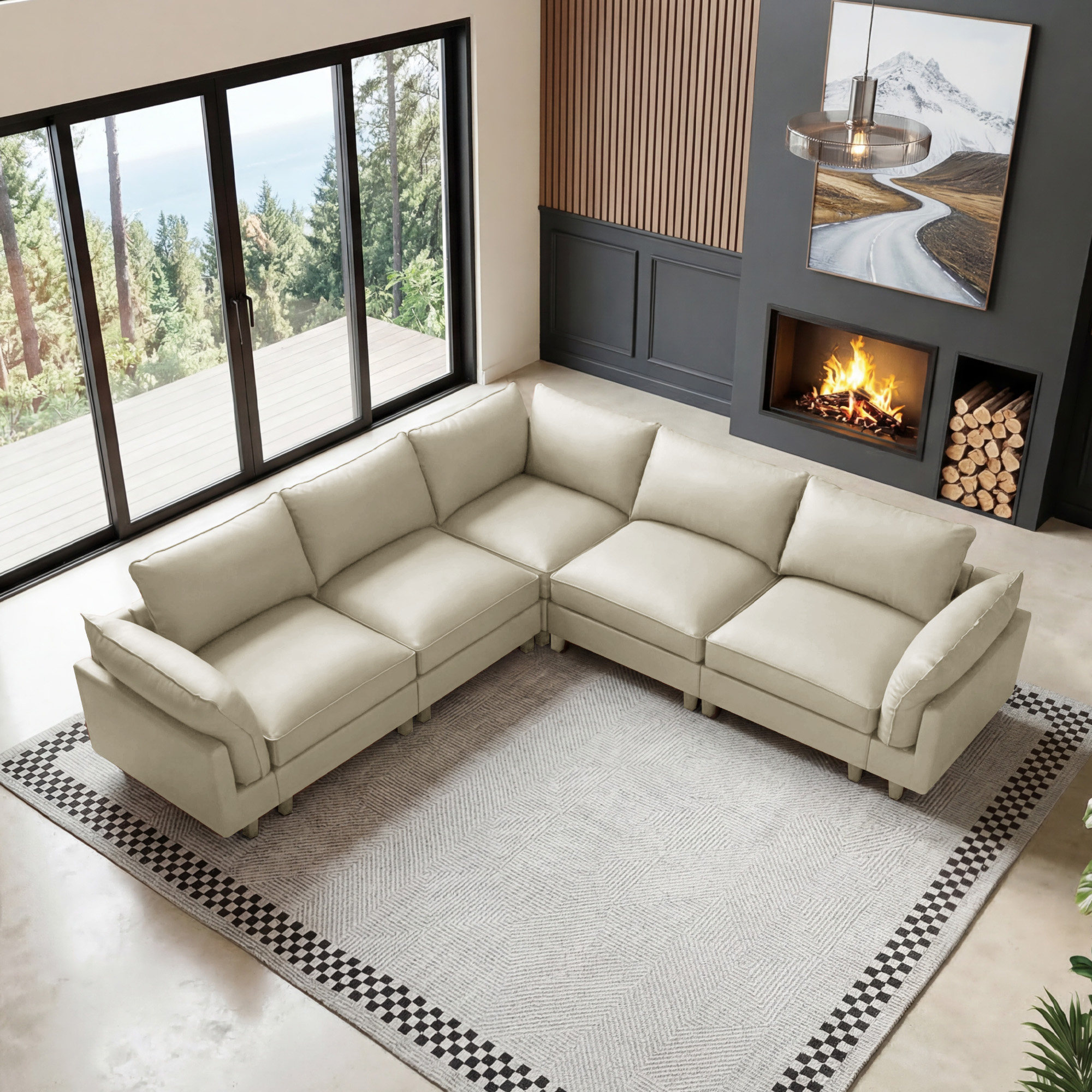 场景3+2脚凳 126.4″ 5 Seats Leather V Shape Leather Sectional Sofa - Image 1