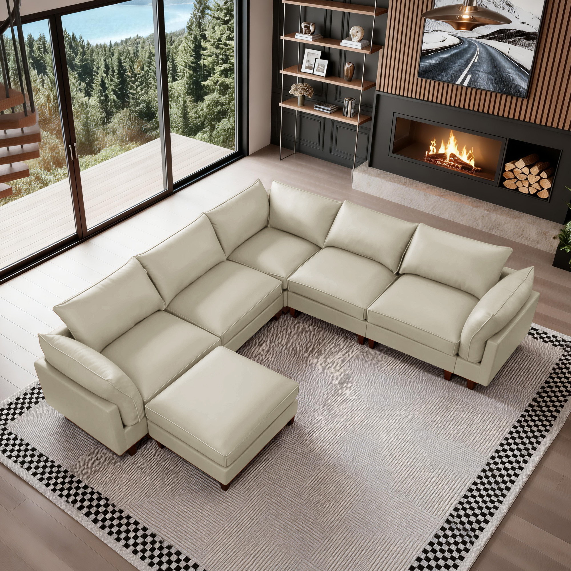 场景3+2脚凳+脚凳 126.4″ 6 Seats Leather Sectional Sofa for Living Room with Ottoman - Image 1