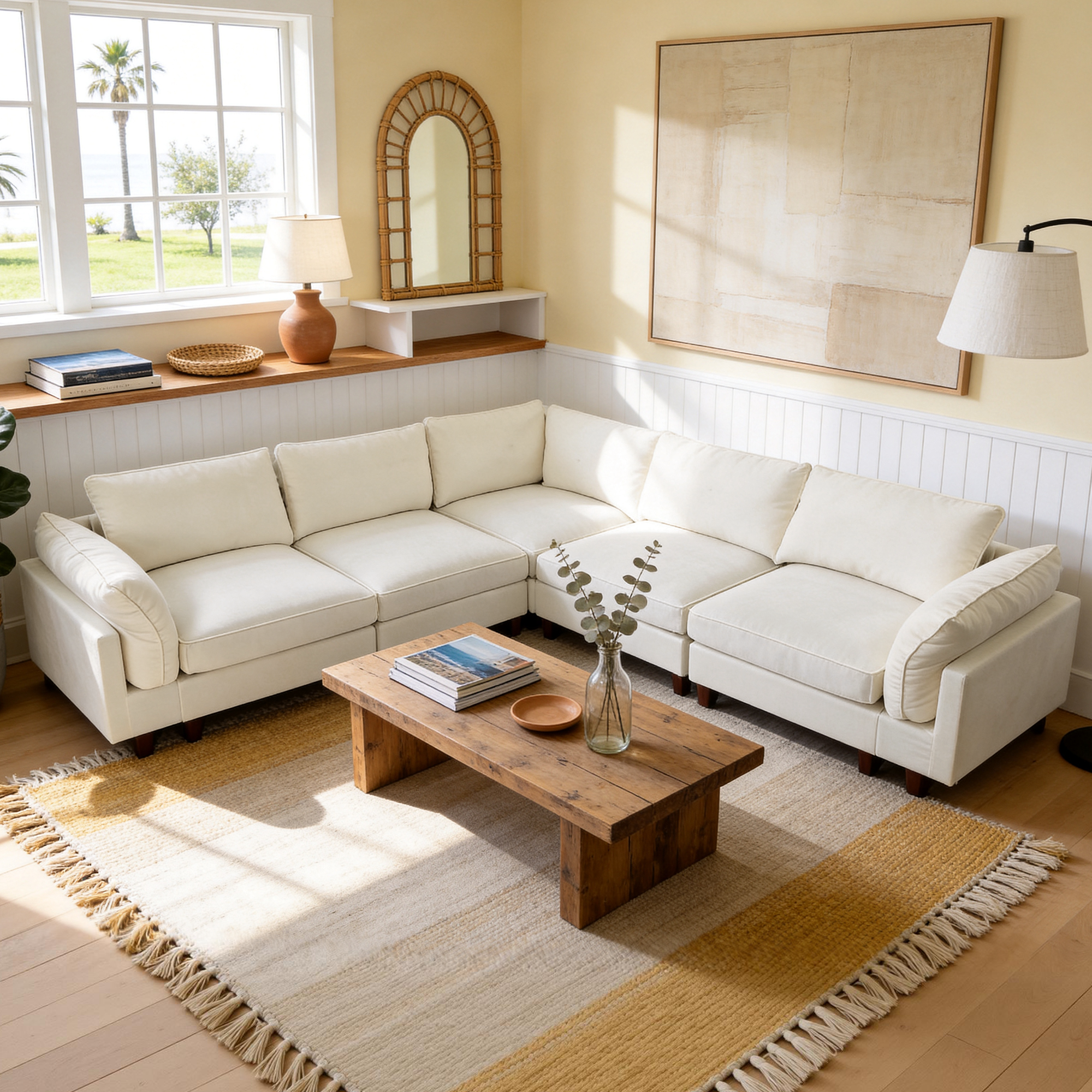 米5L 126.4" 5 Seats Linen Sectional Sleeper Sofa - Image 1